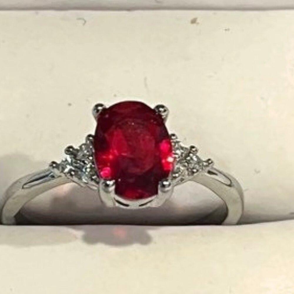 1.5 Ct. Round Ruby Solitaire & White Sapphire Baguettes Ring Sz 7~.925 SS